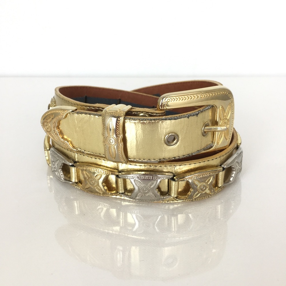 Vintage 90’s Donna Katz Gold Leather Belt Metal Concho Medallions Women’s Sz M